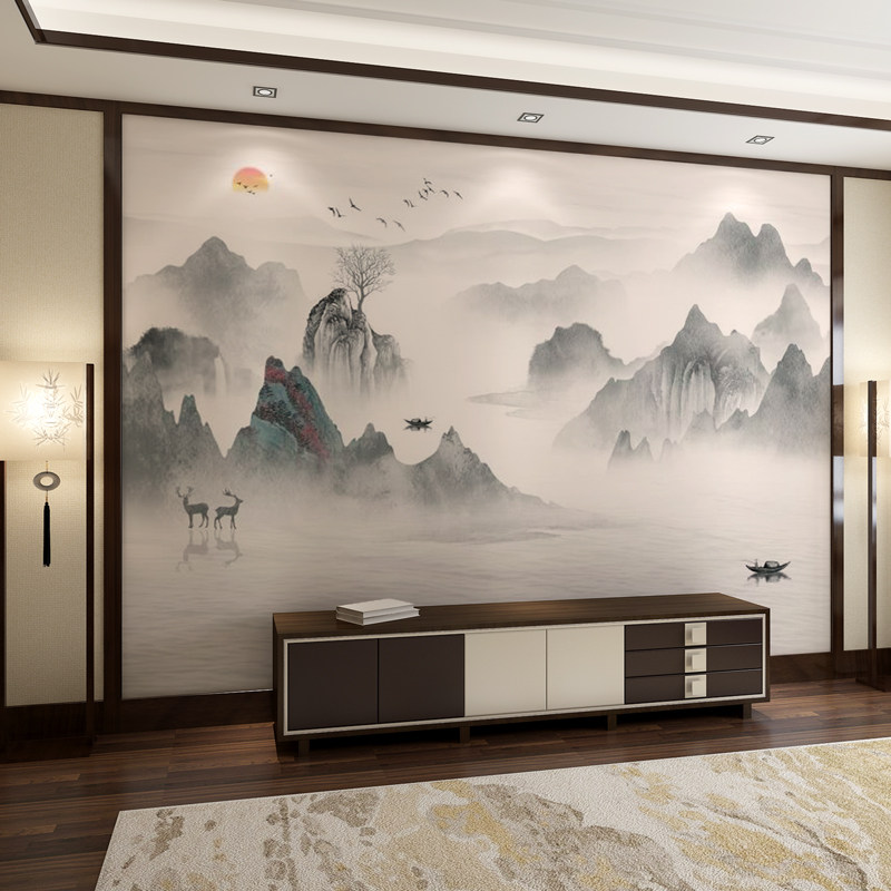 新中式轻奢无缝山水墙纸沙发客厅卧室壁布背景墙定制壁画