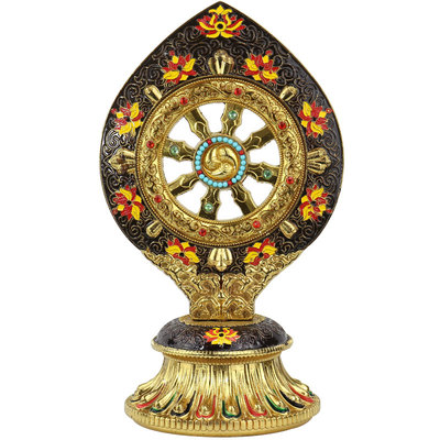 藏式景泰蓝珐琅彩绘金轮家居佛堂轮王七政镶宝石八宝供物摆件