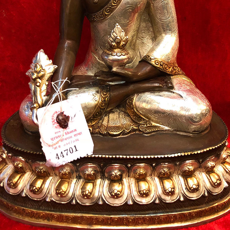 尼泊尔药师佛像紫铜鎏金鎏银手工双层底座可装藏雕花神像摆件 1尺