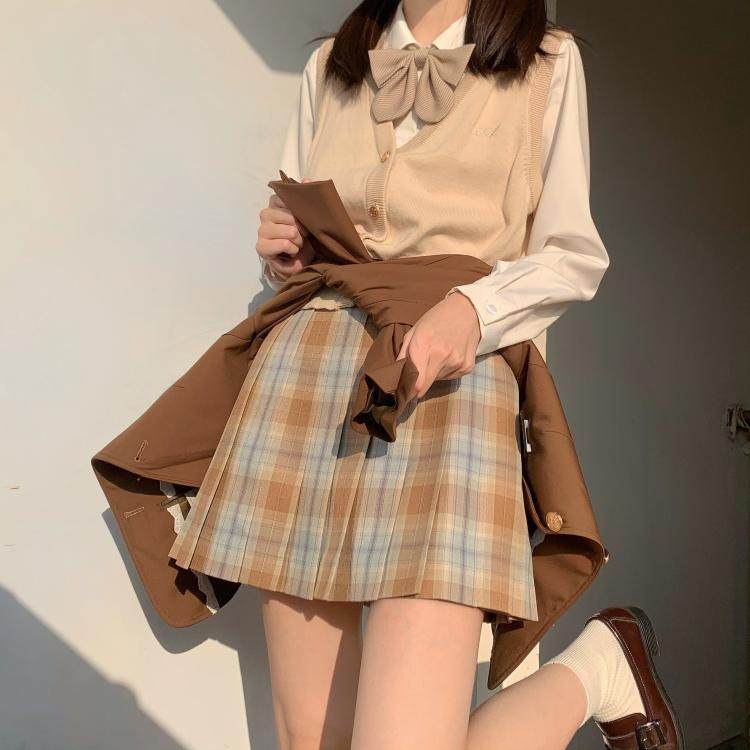 春日部色格百褶少女正统制服jk黄色格原创现货学生校服