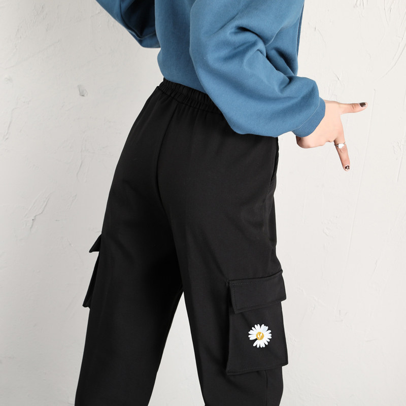 工装裤大码女显高腰小雏菊裤子子束宽松mm中学生休闲裤