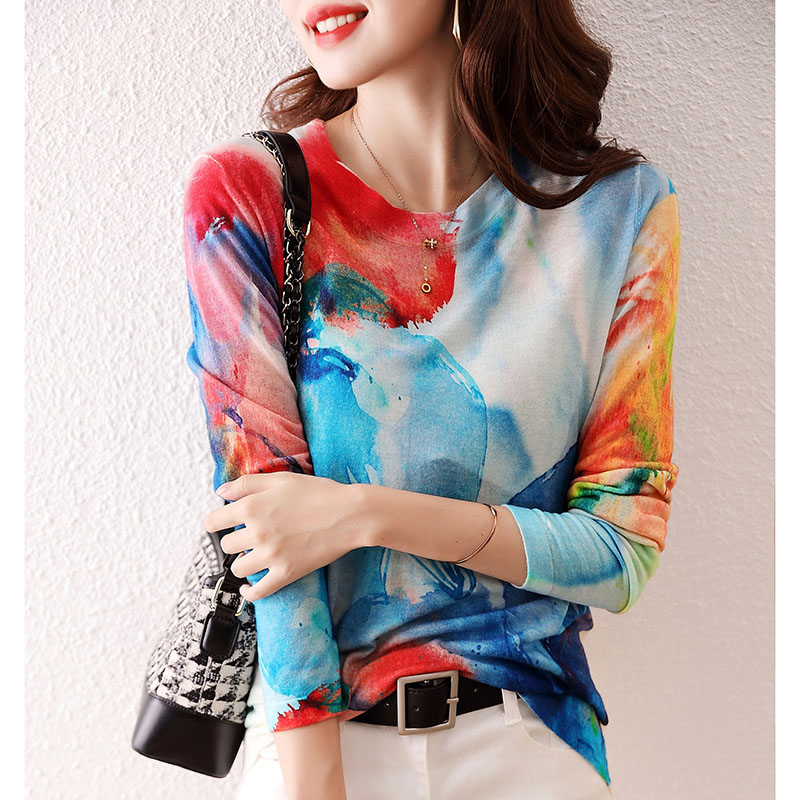 欧货早春打底衫女2021新款修身薄款气质长袖印花上衣针织毛衣女潮