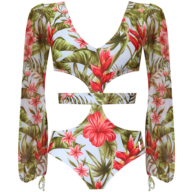 annavava安娜长袖泳衣防晒速干性感露背时尚印花连体泳衣