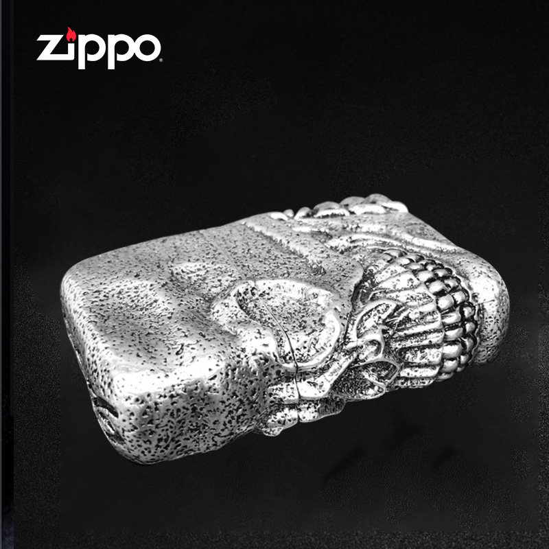 打火机zippo正版复古做旧银加厚重盔甲骷髅亡灵zippo