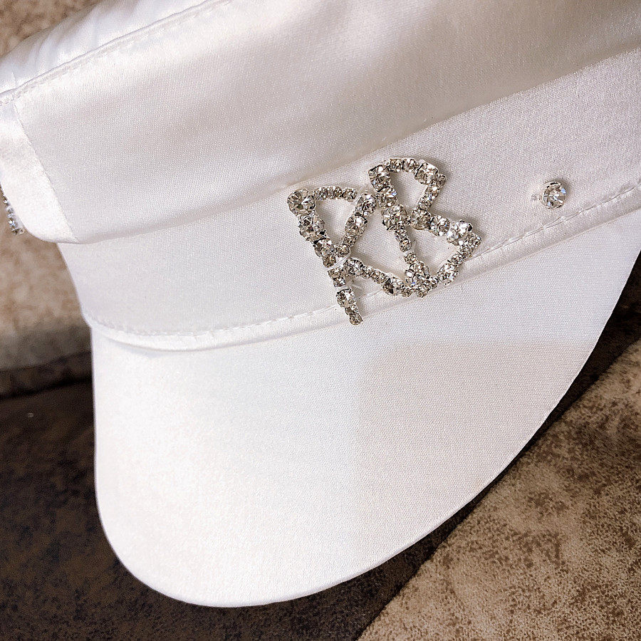 法国cakspiee春夏rb水钻字母丝光白色平顶海军帽帽子