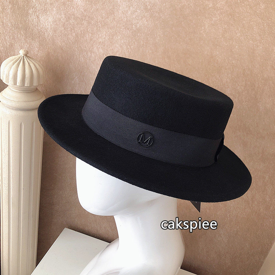 法国cakspiee秋冬新品黑色标羊毛呢平顶短檐礼帽帽子