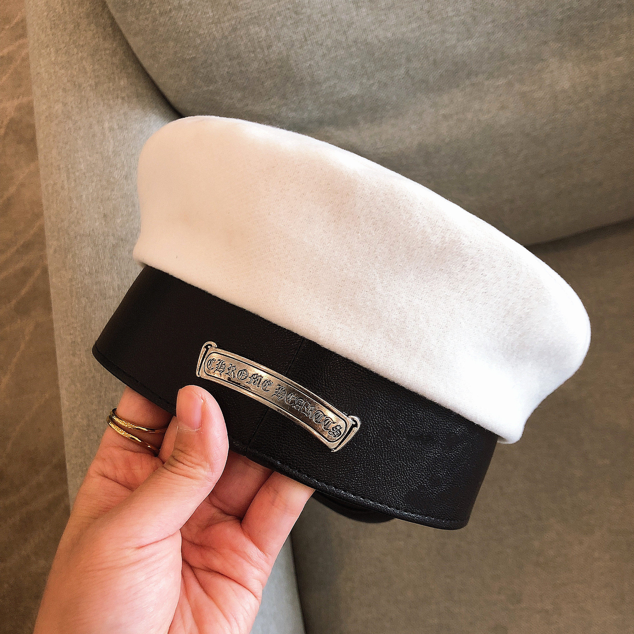 法国ckaspiee秋冬欧美毛呢皮质拼接海军帽帽子