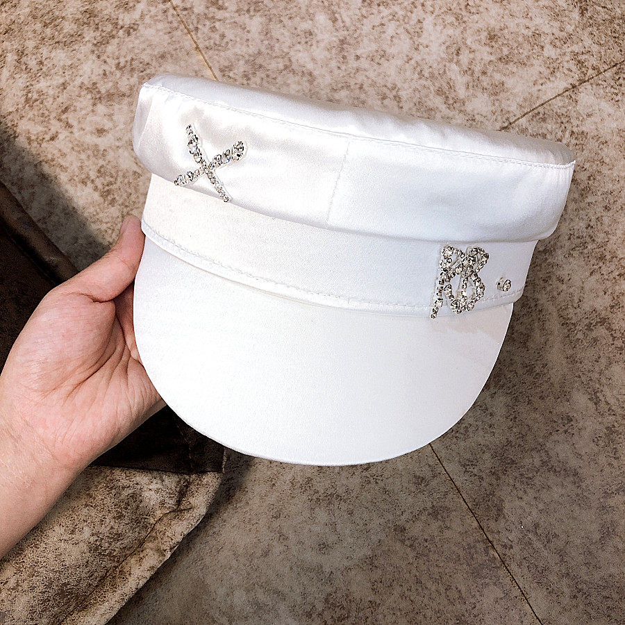 法国cakspiee春夏rb水钻字母丝光白色平顶海军帽帽子