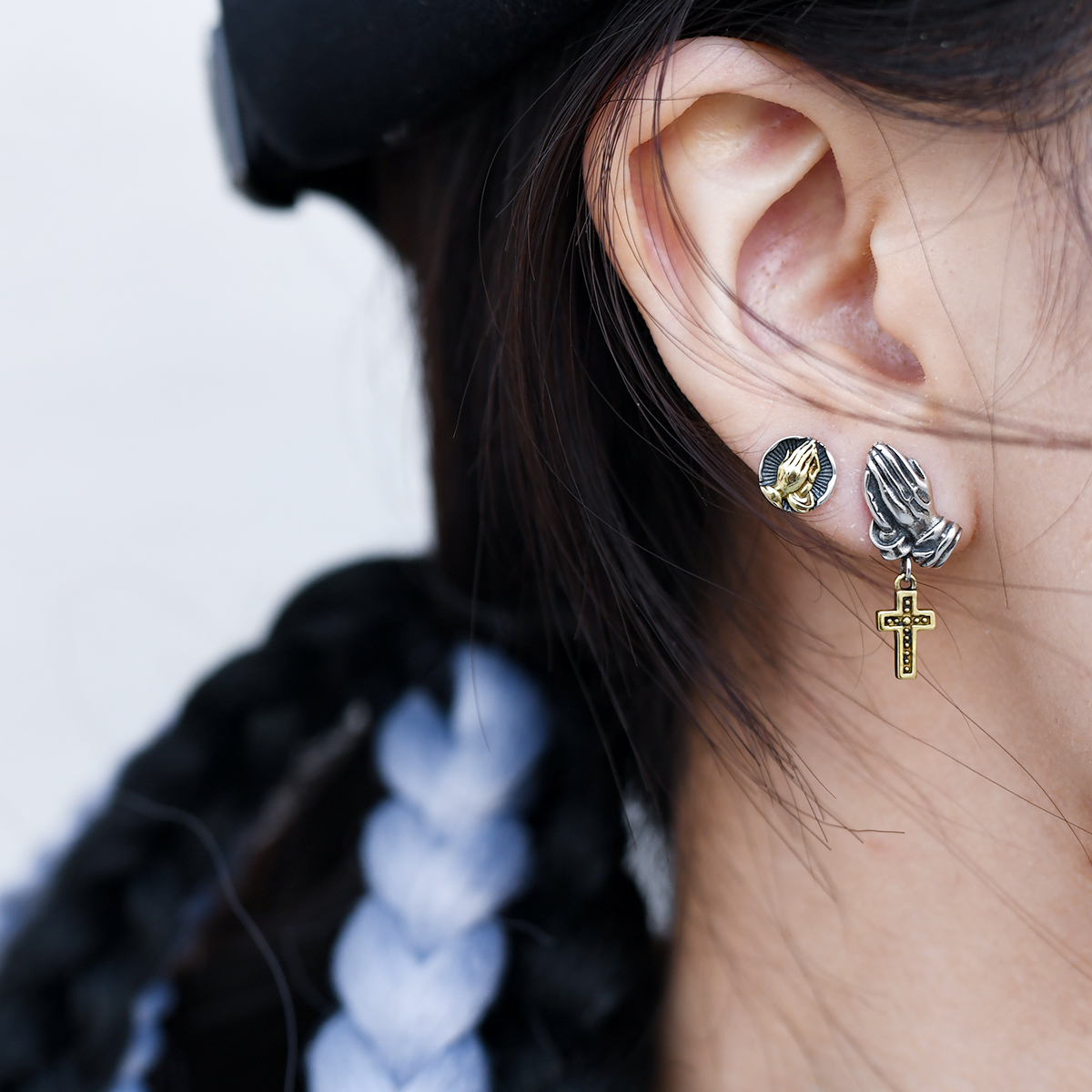 杜氏古匠祈祷之手朋克纯银耳钉小众设计高级耳钉