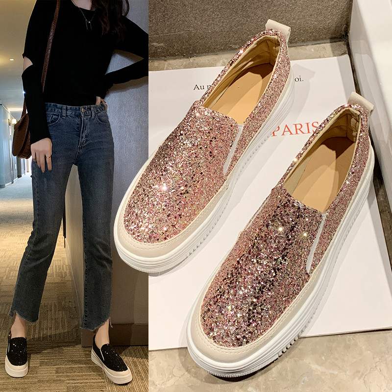 水钻亮片一脚蹬乐福鞋女2022秋季新款松糕厚底平底软皮单鞋女百搭