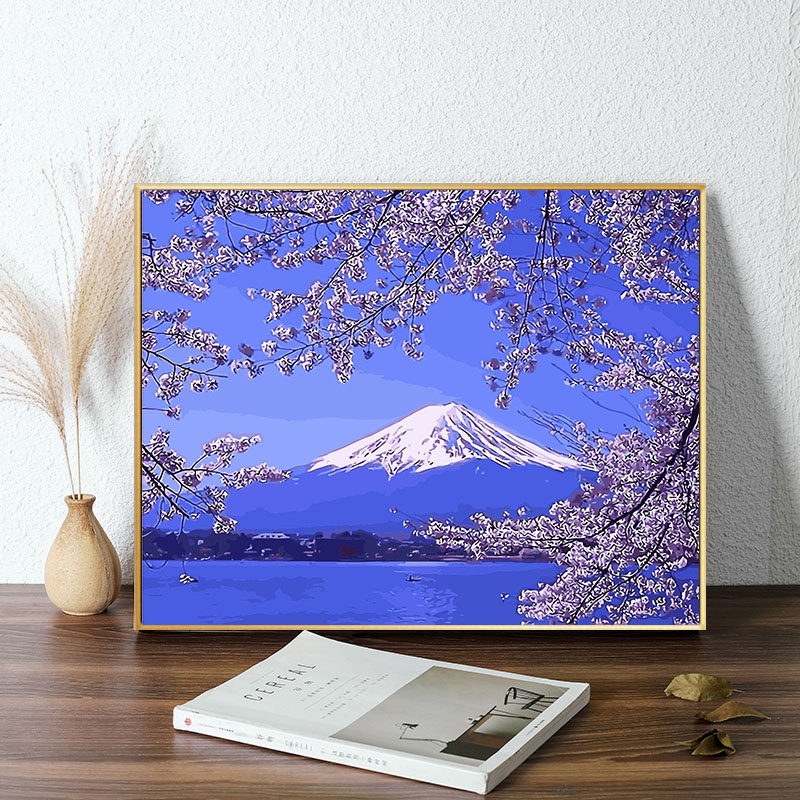 diy数字油画风景花卉日本富士山樱花手绘涂色客厅diy