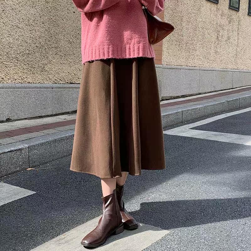 复古咖色半身裙女秋冬新款2021年冬天毛衣高腰半身裙