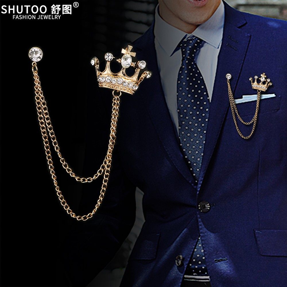 男士皇冠胸针ins高档大气个性复古气质链条胸针