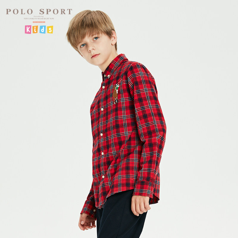 polosport童装男童长袖衬衫2022春装新品时尚格纹磨毛保暖衬衣潮