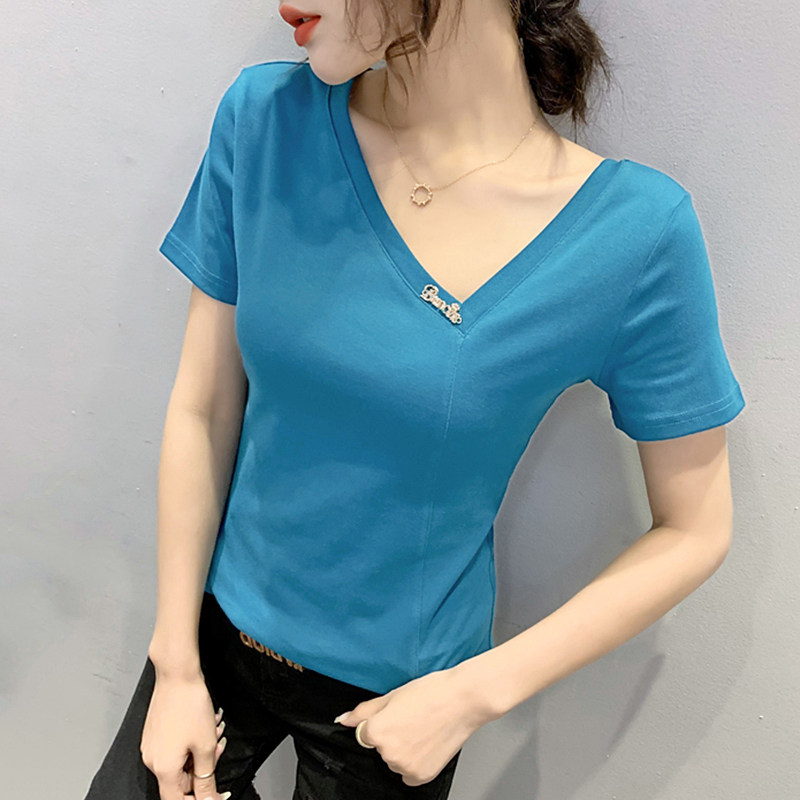 欧洲站短袖上衣斜肩洋气纯棉显瘦修身恤女女装围巾