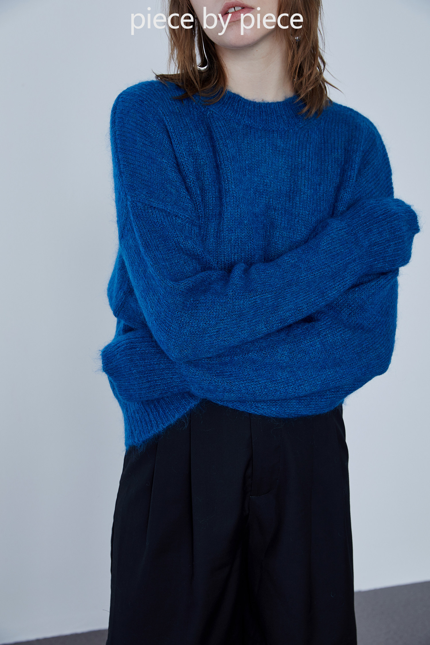 piecebypiece宝蓝蓝色针织毛衣秋季新品慵懒宽松马海毛毛针织衫