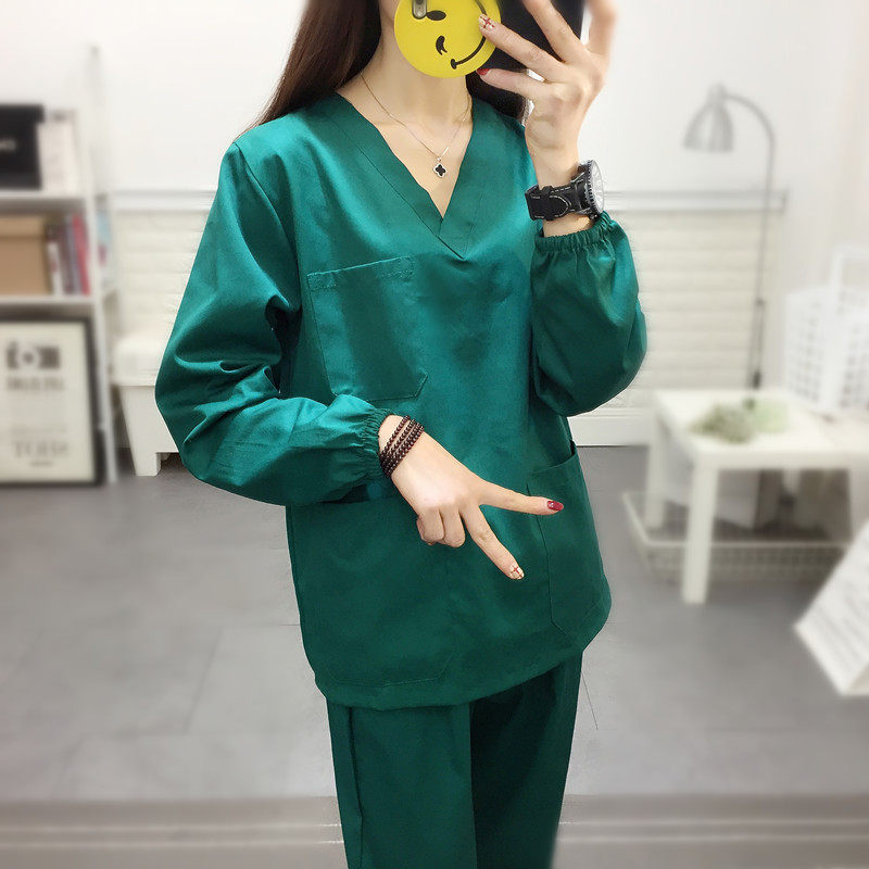 麦芽洗手手术室隔离女医生纯棉长袖分体套装短袖医护制服