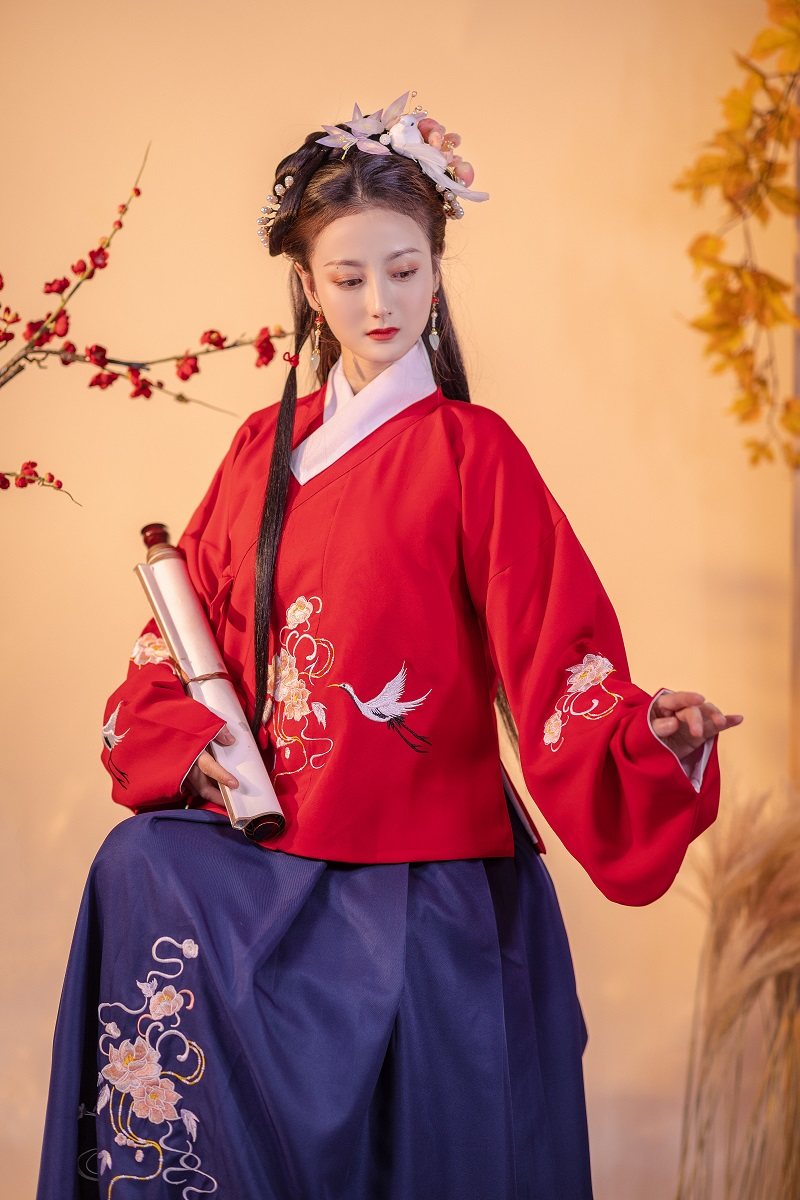 交领全套齐腰刺绣双层琵琶云鹤制袄创明原创汉服