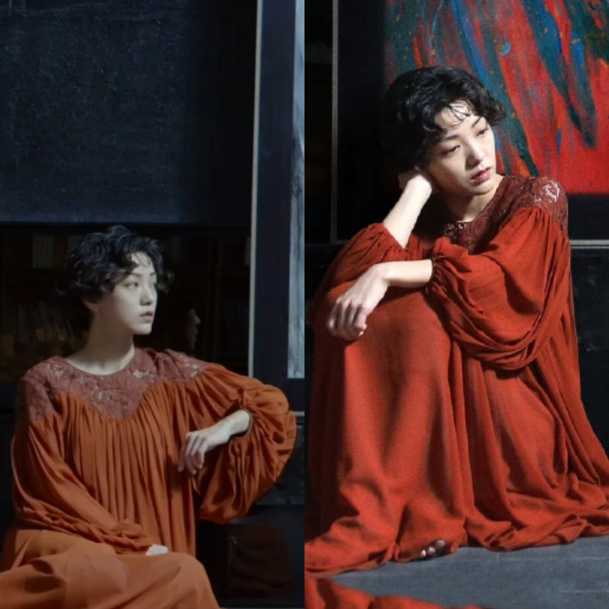 姜喜宝连衣裙拼接蕾丝泡泡长款圆领时尚气质同款连衣裙