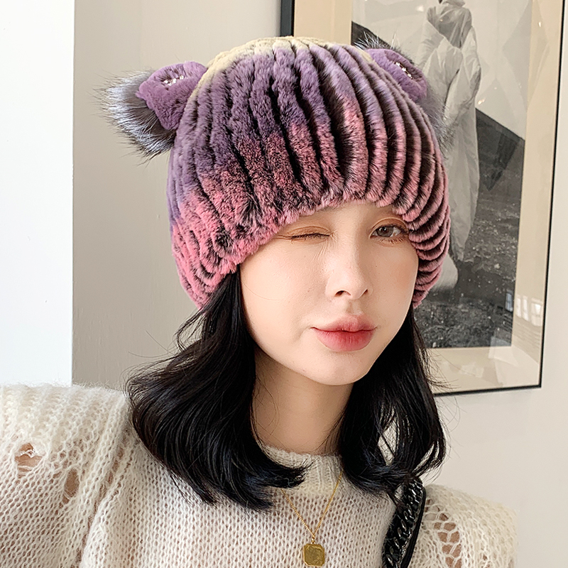 女士猫耳朵护耳毛护耳狐狸编织冬季兔毛獭兔可爱帽子