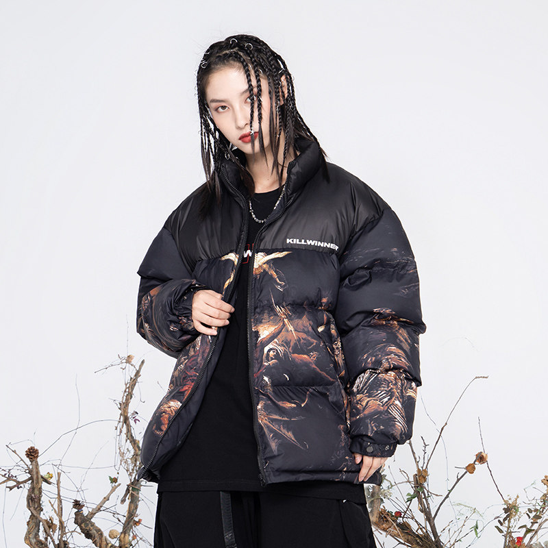 killwinner叛逆基因复古油墨墨画字母立领加厚棉服羽绒服
