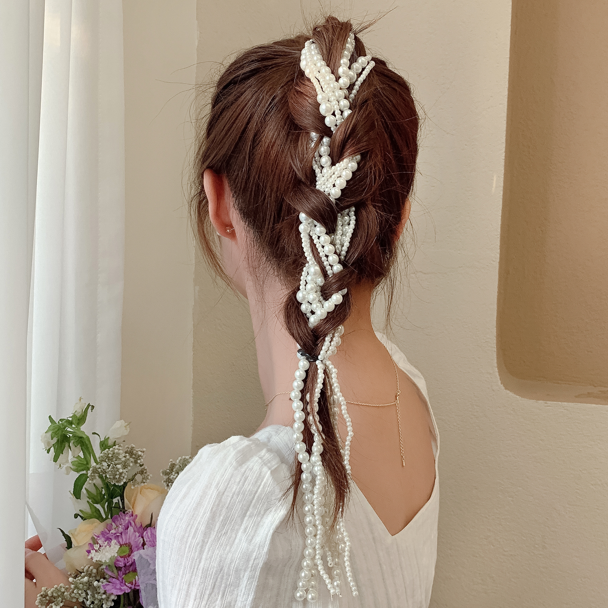 2021年新款珍珠发饰流苏发链条发夹网红编发发带蝴蝶夹子头饰发卡