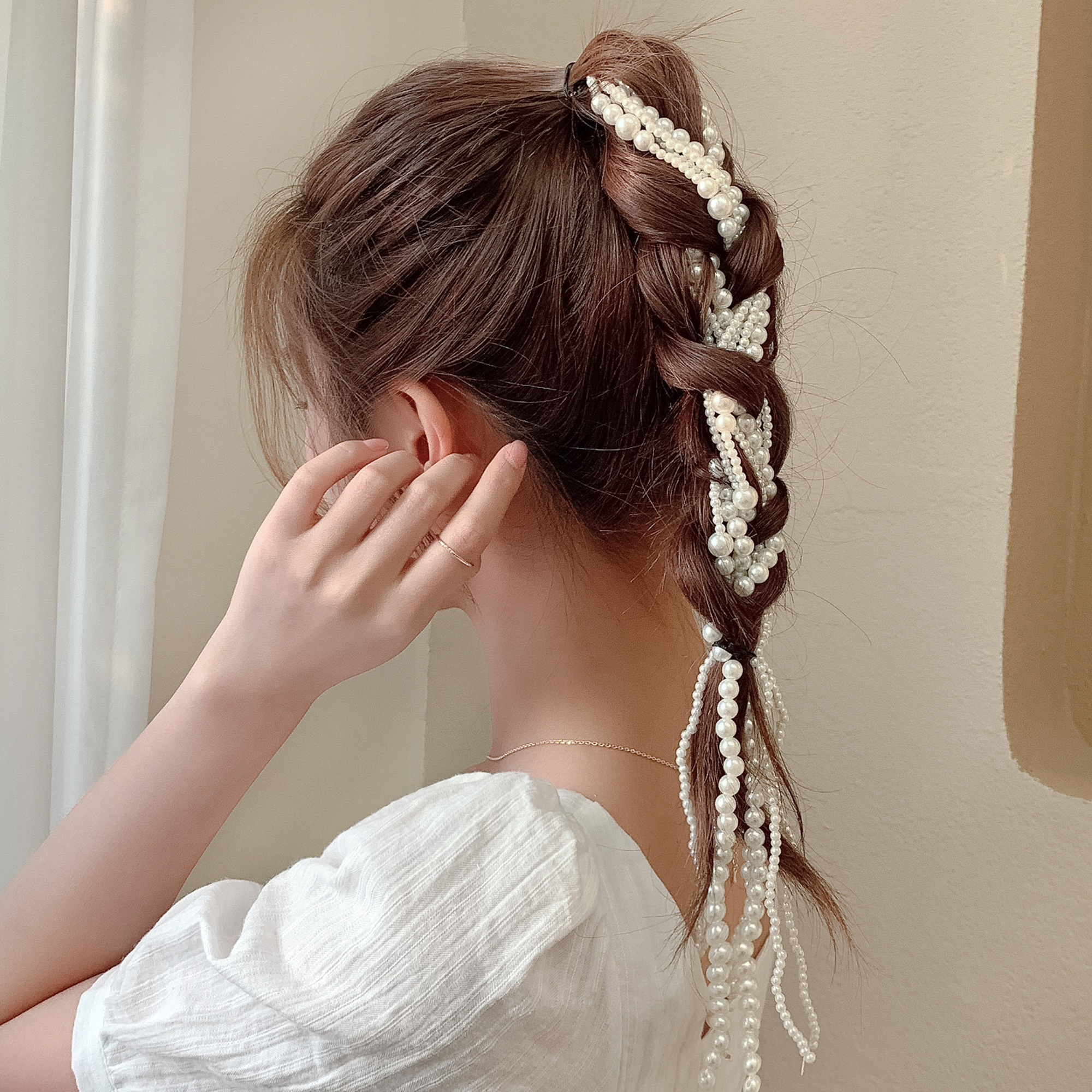 2021年新款珍珠发饰流苏发链条发夹网红编发发带蝴蝶夹子头饰发卡