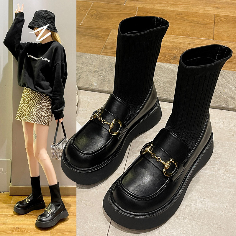 连袜靴带袜子皮鞋春秋2021新款英伦风弹力针织弹力靴