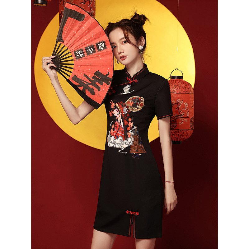 国潮旗袍2022年新款黑色复古中国国风改良小个子旗袍