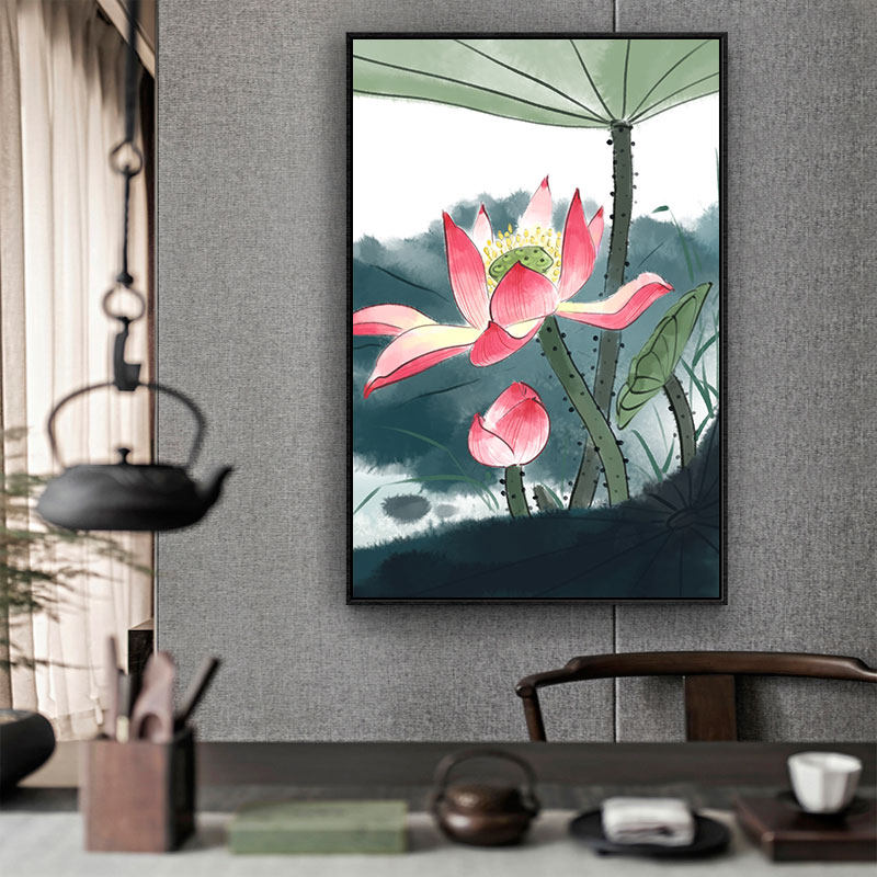 新中式禅意荷花水墨花卉客厅装饰画diy数字油画手绘diy