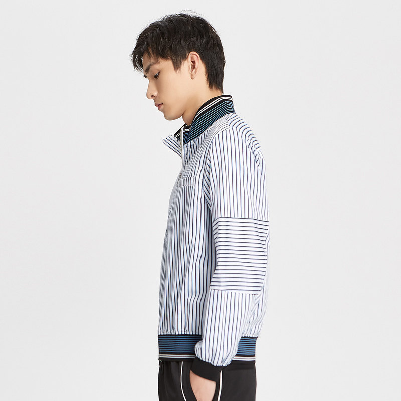 mecity男装春季棉韩版宽松条纹设计休闲运动长袖衬衫衬衫