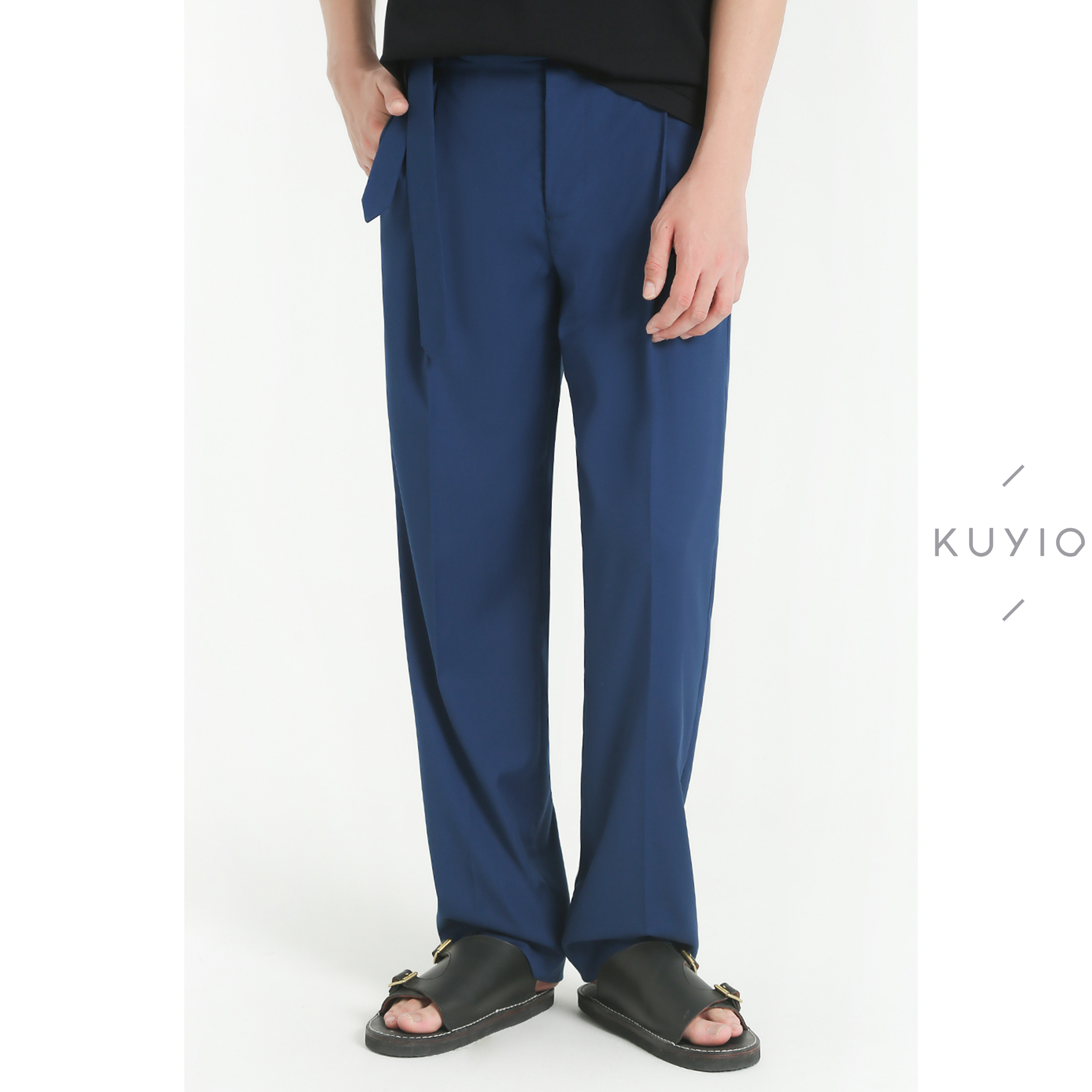 KUYIOU/设计师款 系带设计轻质宽舒滑爽垂坠直筒拖地裤休闲长裤男
