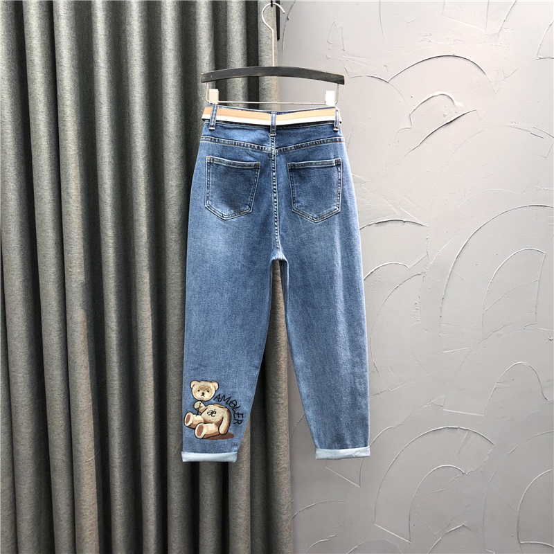 欧洲站高腰牛仔裤女裤脚刺绣哈伦裤2021新款秋季宽松休闲萝卜垮裤