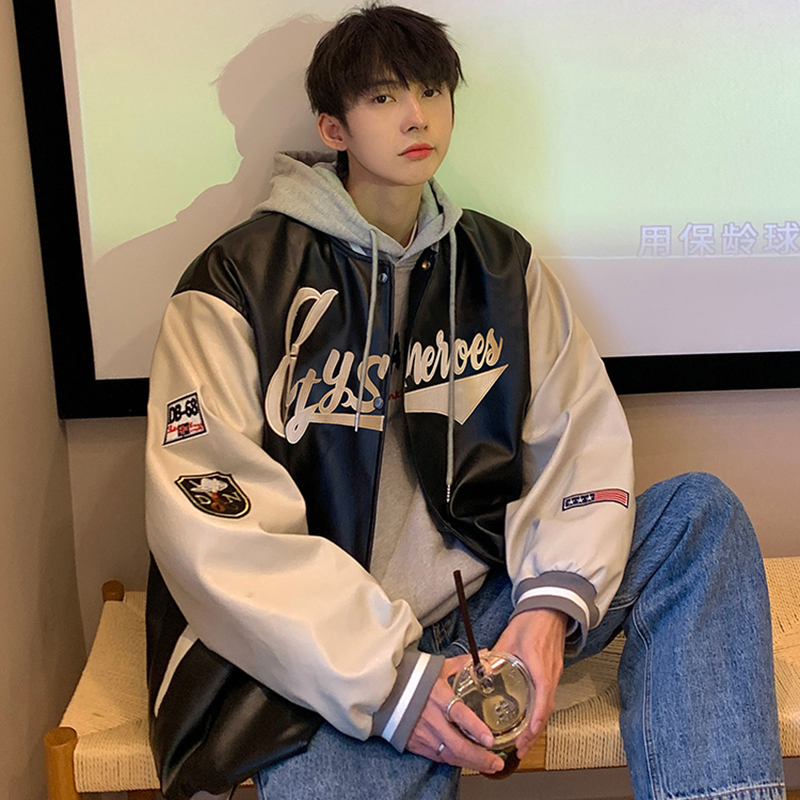 PU皮棒球服外套男春季宽松潮牌ins春秋大码夹克男装2022新款衣服