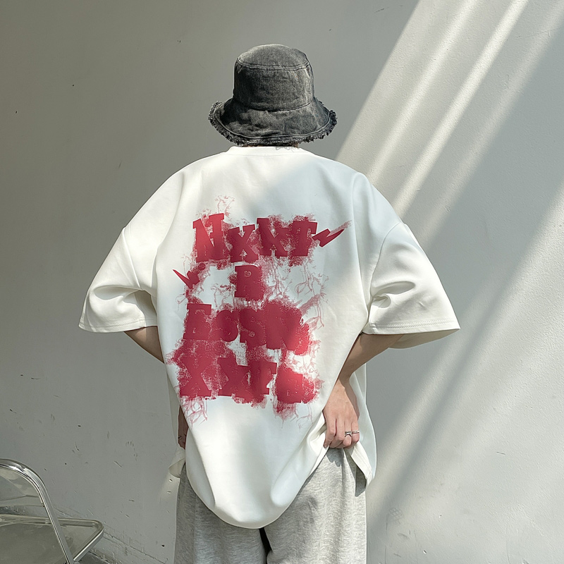 字母发泡短袖男设计感小众原创重磅T恤ins潮流百搭七分袖美式高街