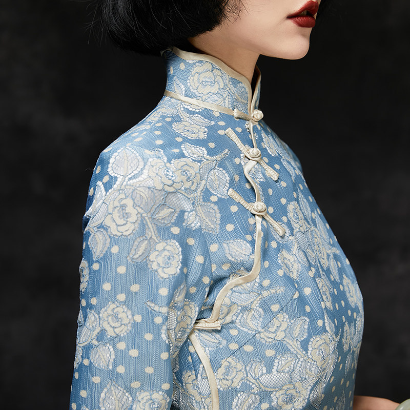 中袖2021新款中式文艺修身气质花边波浪蕾丝旗袍