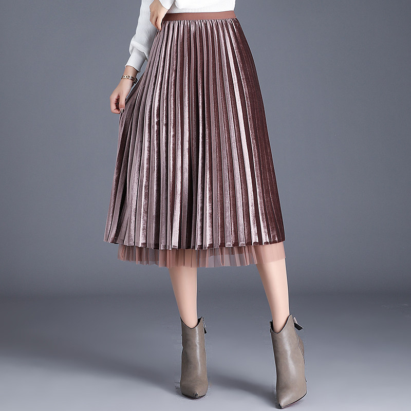 金丝绒半身裙女2019秋冬新款韩版高腰丝绒百褶裙中长网纱裙a字裙