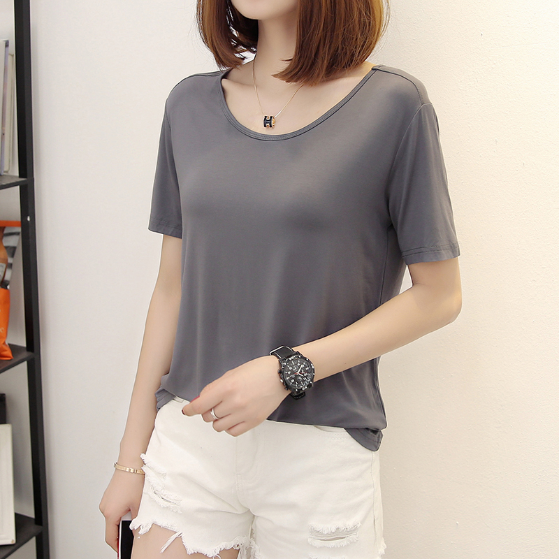 莫代尔t恤女短袖宽松夏装大码女装圆领百搭黑色体恤打底衫上衣