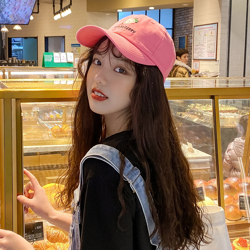 网红可爱粉色草莓刺绣软顶棒球帽子女春夏韩版日帽子