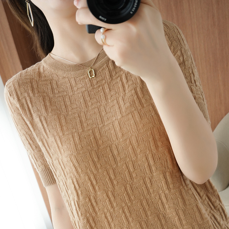 2021新款春夏薄款纯棉针织短袖女字母圆领宽松纯色打底衫上衣半袖