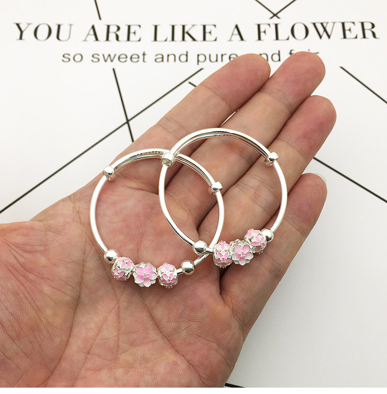 bornfree奔放s990银饰品可爱甜美珐琅樱花串珠手镯