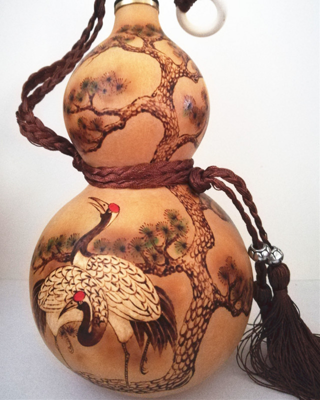 收藏彩绘装水天然酒葫芦蜂蜡防渗随身烙画墨刻酒壶手工艺品摆件