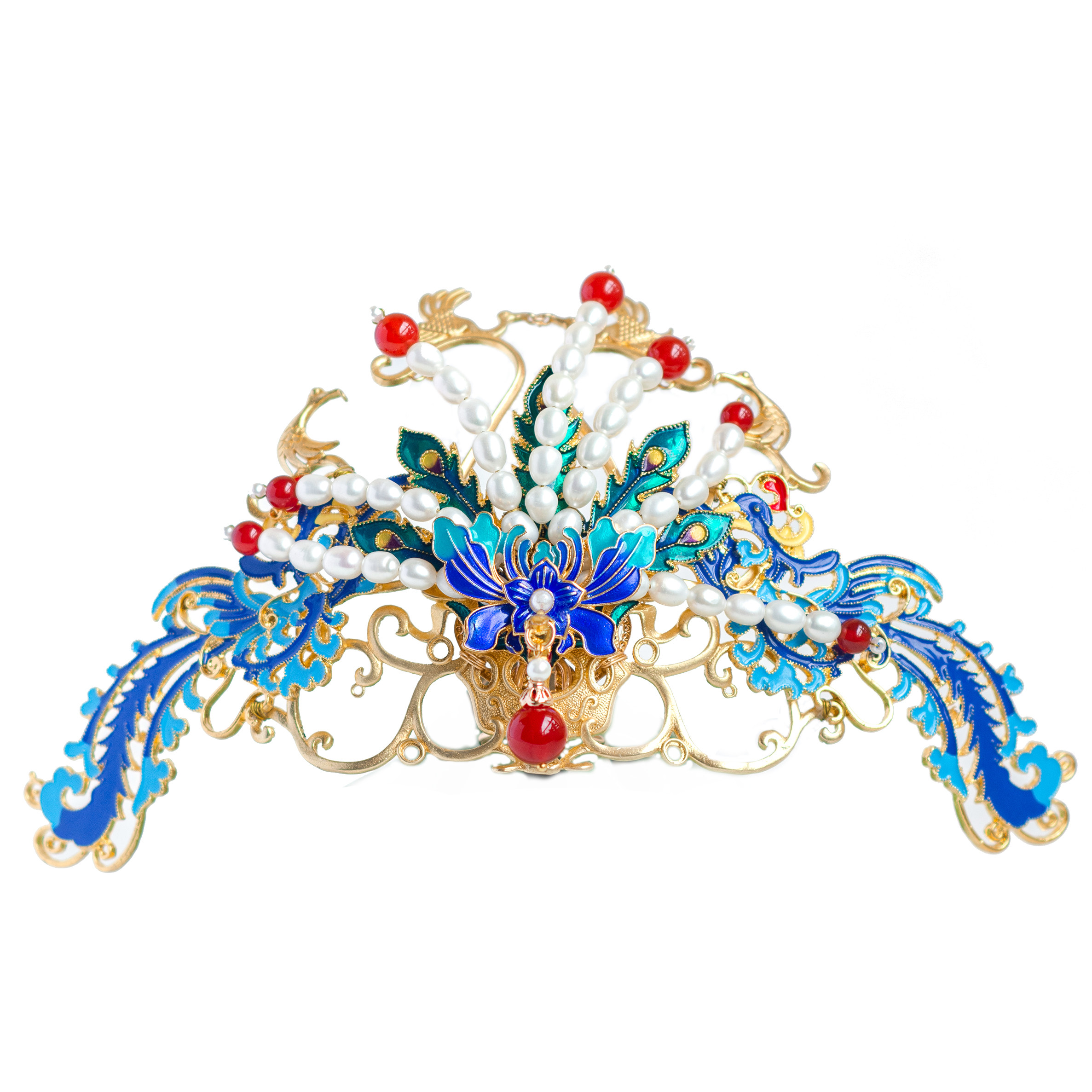 古装汉服发凤钗蓝珍珠景泰蓝凤羽凤冠设计原创羽钿发饰