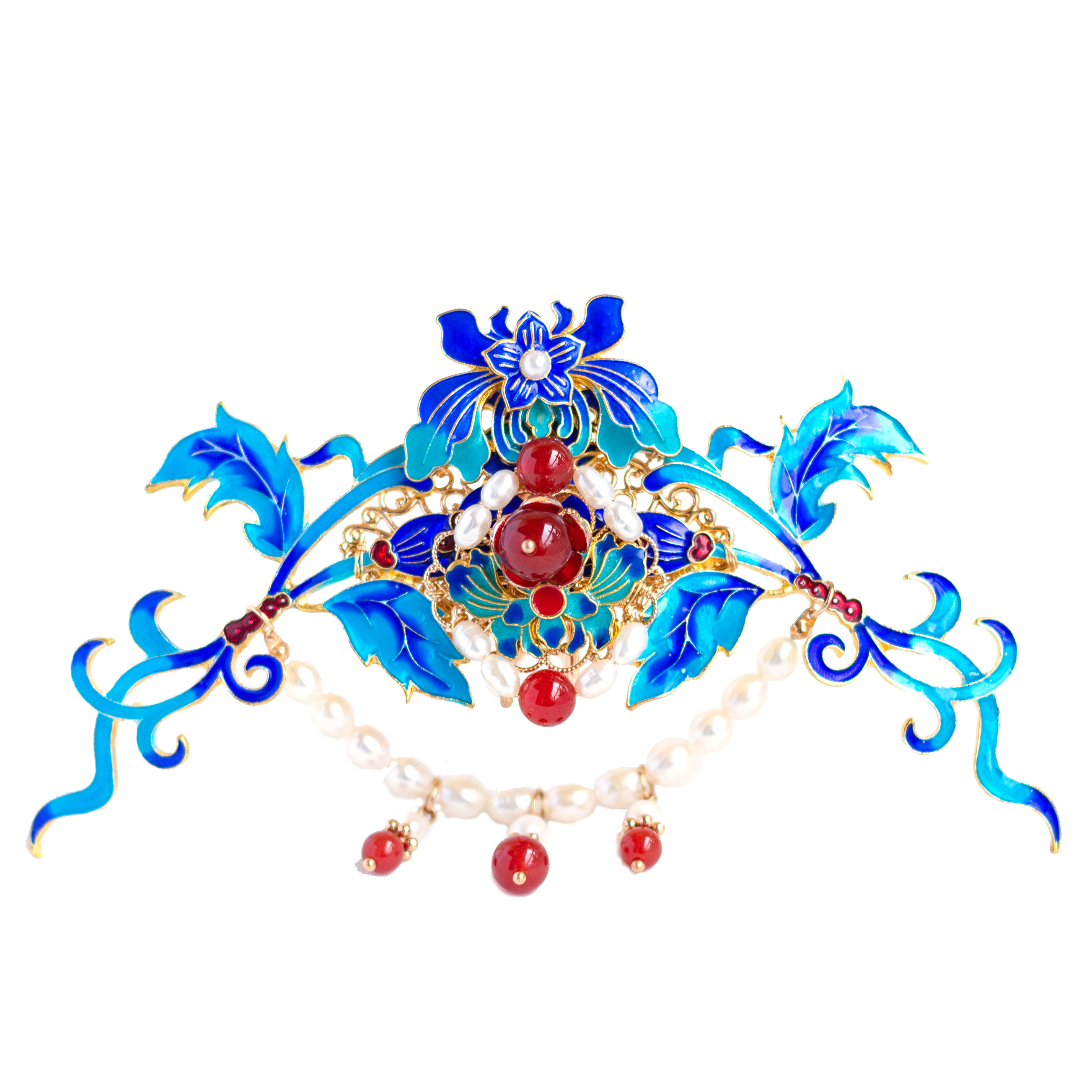 重锦羽钿原创设计烧蓝发饰景泰蓝正冠明制珍珠发饰
