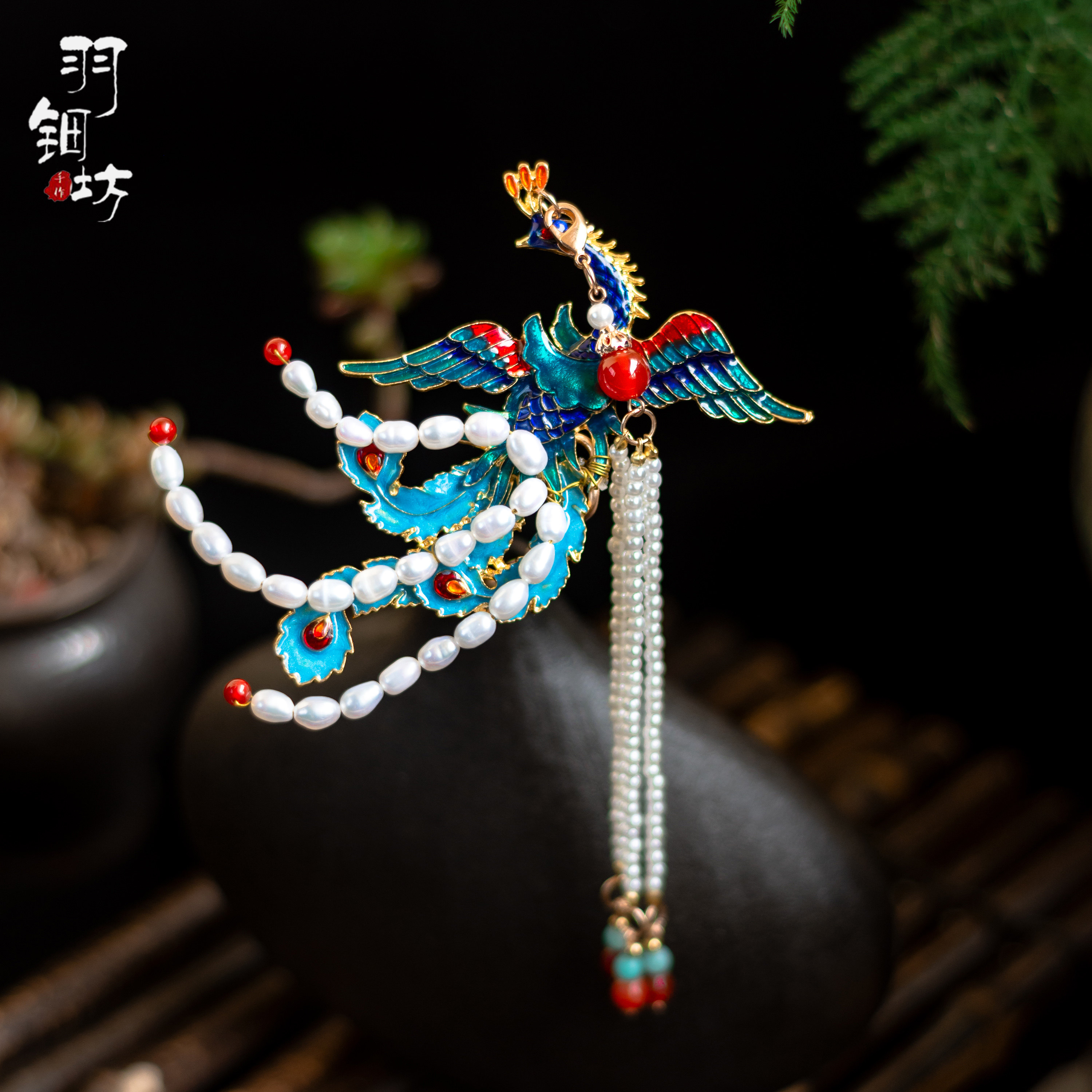 蓝凤汉服发明制步摇流苏珍珠南絮景泰蓝设计原创发饰