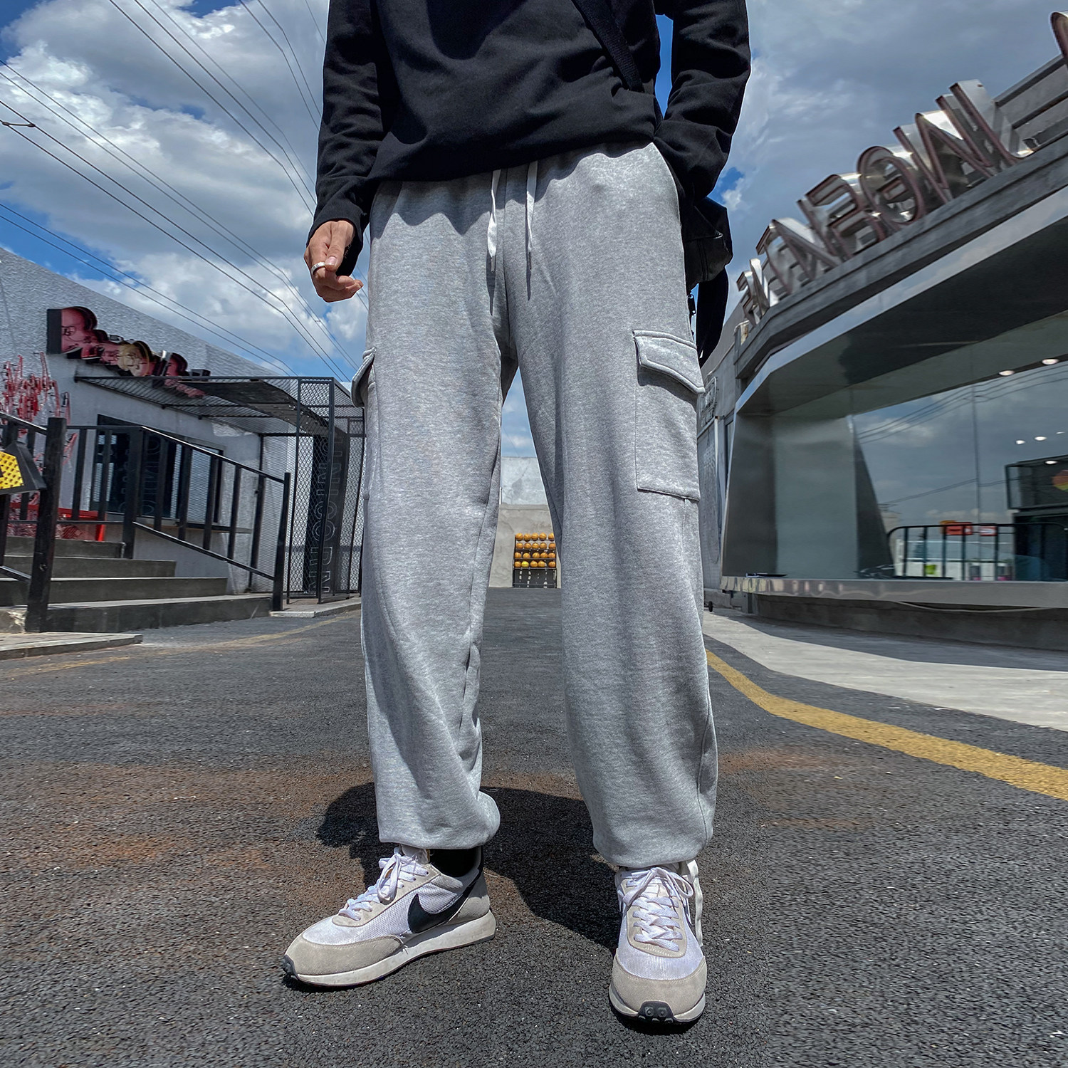 纯棉阔腿休闲秋季脚卫棉束宽松直筒裤男运动卫裤