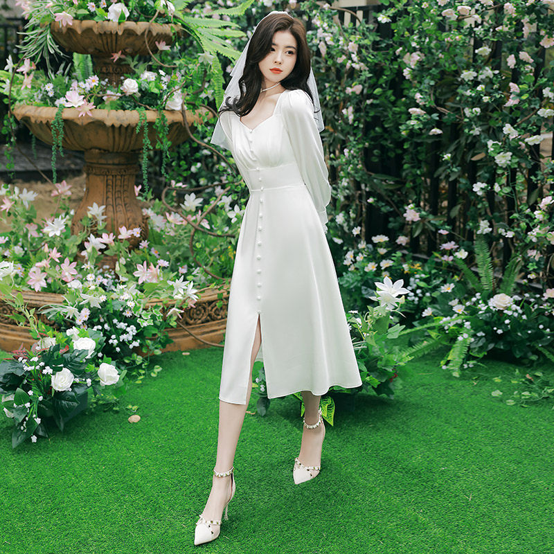 法式礼服小礼日常连衣裙白色简约高级缎面白裙礼服