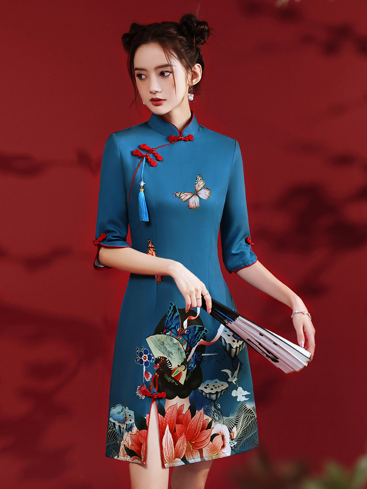 国潮旗袍2021年新款秋款蓝色潮流年轻改良小个子旗袍
