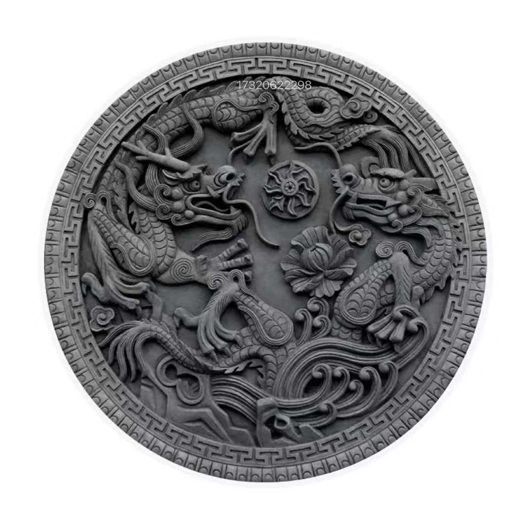 砖雕中式仿古浮雕圆形双龙戏珠龙型图案1.2米砖雕