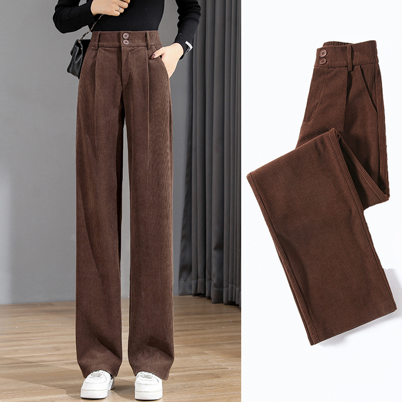秋冬款加绒裤子女2021年新款洋气棕咖色灯芯绒阔腿裤雪尼尔直筒裤